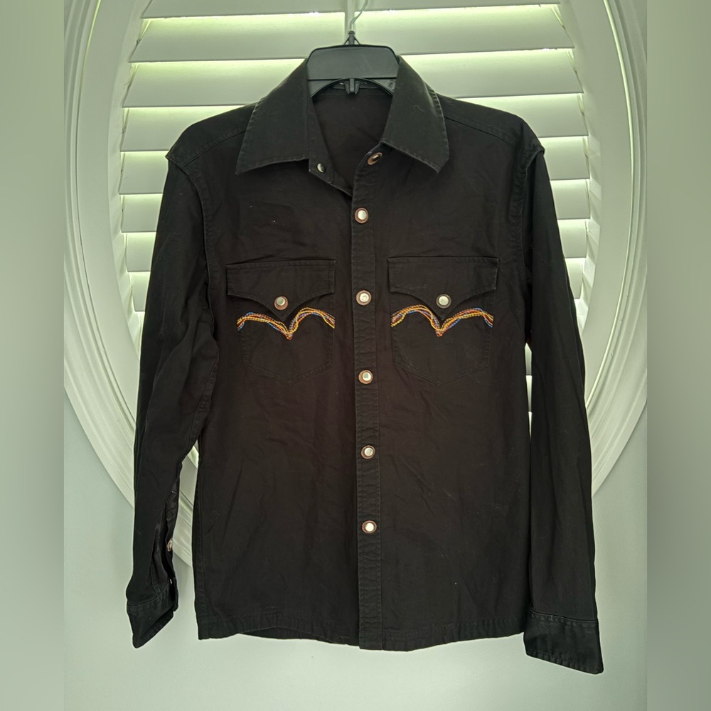 Cabbeen vintage western black embroidered cotton men’s snap button shirt sz lg